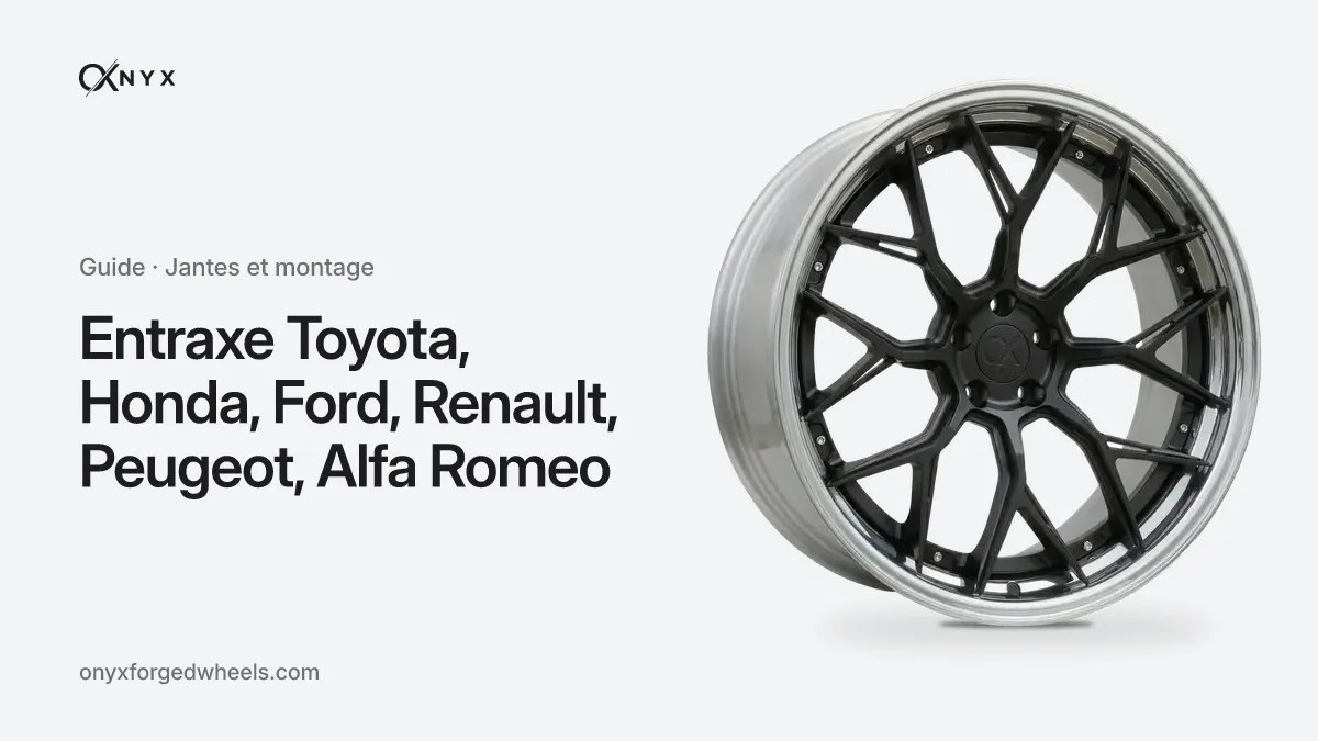 Couverture du guide « Entraxe Toyota, Honda, Ford, Renault, Peugeot, Alfa Romeo » : le titre à côté d'une jante forgée OX-D1 Legacy en finition chrome et noir, sur fond aluminium