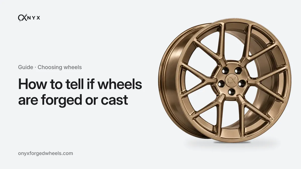 Cover of the guide “How to tell if wheels are forged or cast”: the title next to an OX-Y5 Fronde forged wheel in a bronze finish, on a light aluminium background