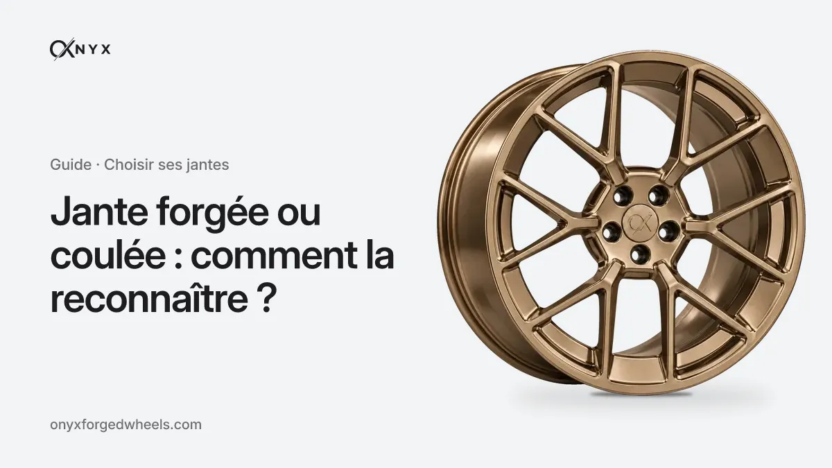 Couverture du guide « Jante forgée ou coulée : comment la reconnaître ? » : le titre à côté d'une jante forgée OX-Y5 Fronde en finition bronze, sur fond aluminium