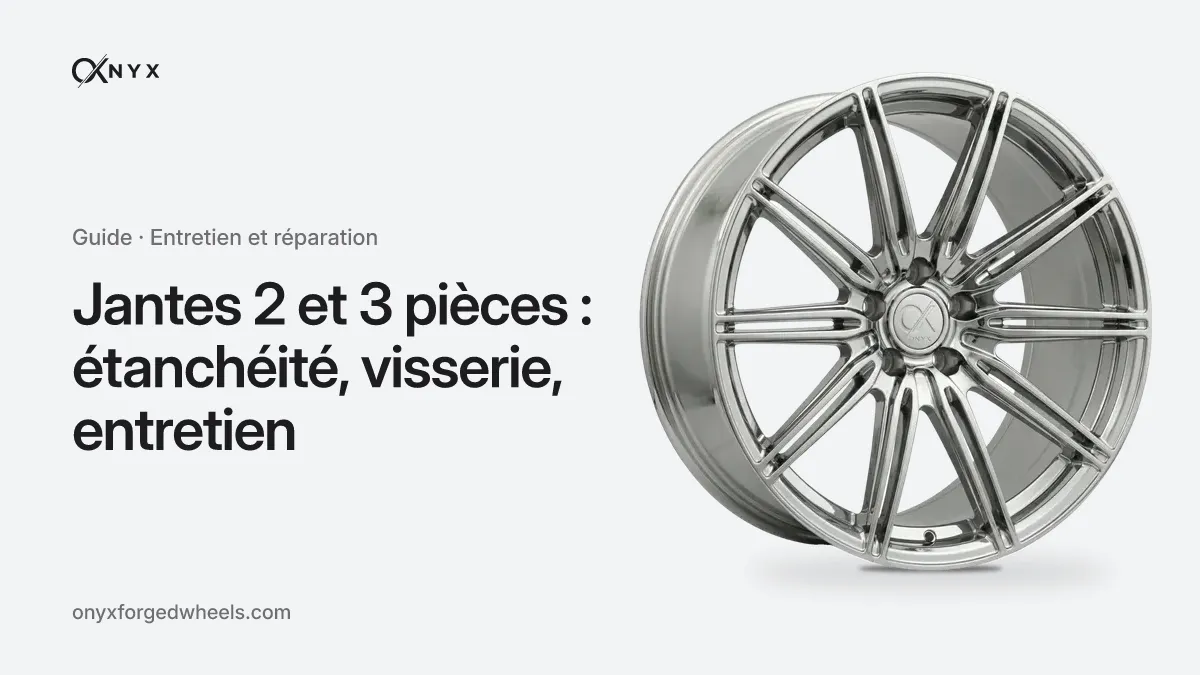 Couverture du guide « Jantes 2 et 3 pièces : étanchéité, visserie, entretien » : le titre à côté d'une jante forgée OX-M15 Sovereign en finition chromée, sur fond aluminium