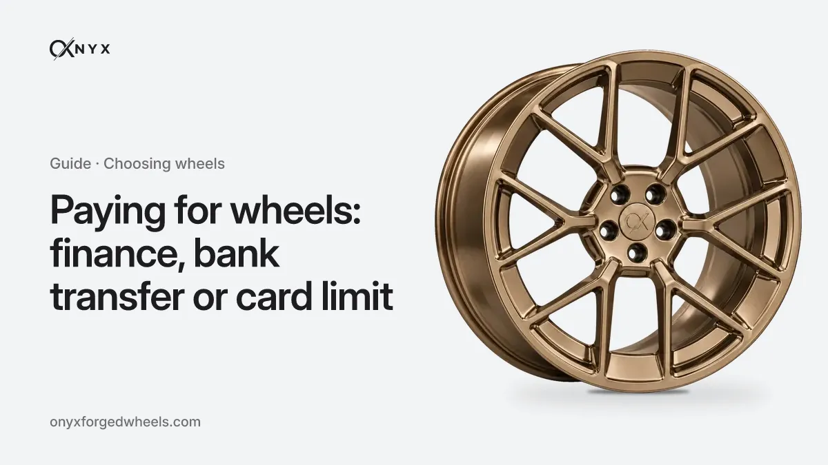 Cover of the guide “Paying for wheels: finance, bank transfer or card limit”: the title next to an OX-Y5 Fronde forged wheel in a bronze finish, on a light aluminium background