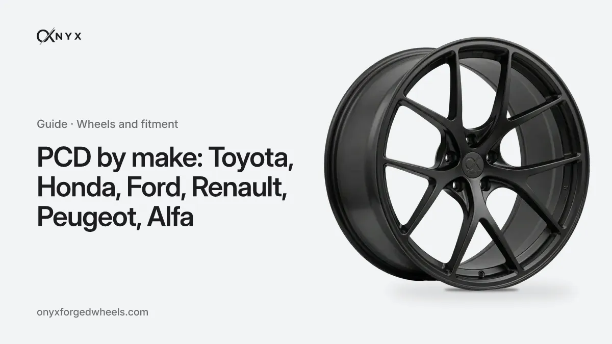 Cover of the guide “PCD by make: Toyota, Honda, Ford, Renault, Peugeot, Alfa”: the title next to an OX-DC5 Veloce forged wheel in a satin black finish, on a light aluminium background