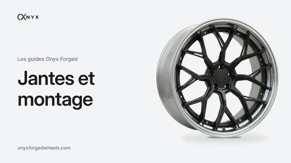 « Jantes et montage » écrit à côté d'une jante forgée OX-D1 Legacy en finition chrome et noir, sur fond aluminium : couverture des guides Onyx Forged