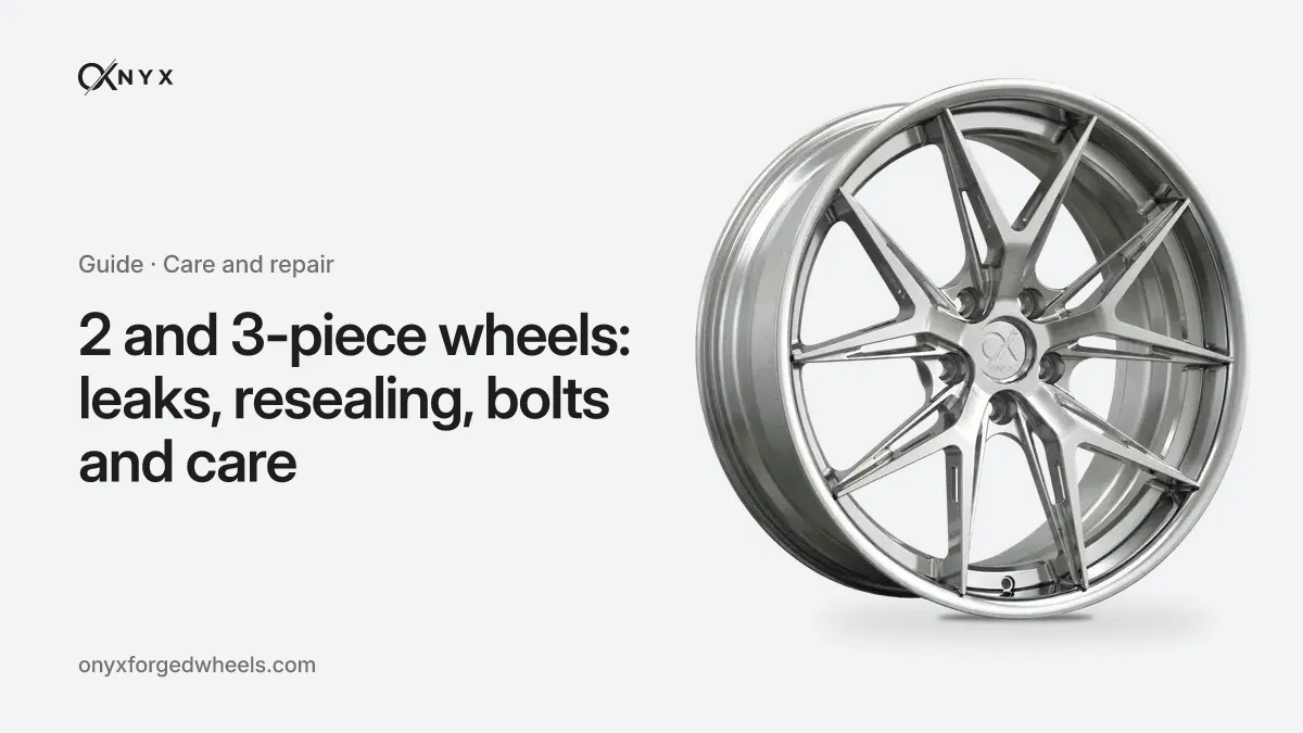 Cover of the guide “2 and 3-piece wheels: leaks, resealing, bolts and care”: the title next to an OX-D5 Kinetic forged wheel in a chrome finish, on a light aluminium background