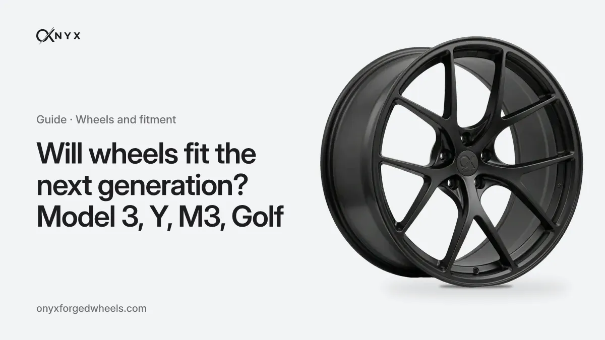 Cover of the guide “Will wheels fit the next generation? Model 3, Y, M3, Golf”: the title next to an OX-DC5 Veloce forged wheel in a satin black finish, on a light aluminium background
